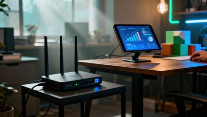 Modern office setup with Wi-Fi router and tablet displaying data analytics.