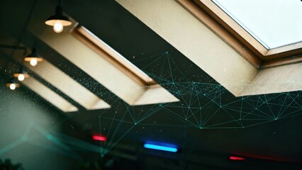 Abstract technology network on office ceiling with fluorescent lights.