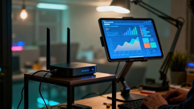 Modern office setup with router and tablet displaying data analytics. High-tech workspace with digital interface and wireless connectivity. - Powered by Adobe