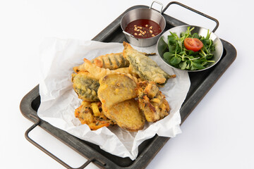 Assortment of Korean Jeon Pancakes with Makgeolli on a Wooden Tray