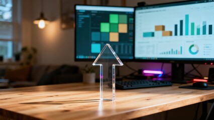 Modern office workspace with data analytics on dual monitors and an upward arrow figurine on a wooden desk.