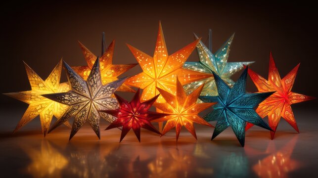 A clean studio shot of star lanterns in vibrant seasonal colors arranged symmetrically on reflective glass Subtle haze - Powered by Adobe
