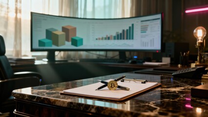 Modern office setup with Bitcoin and financial charts on large screen