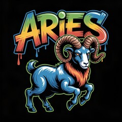 Graffiti illustration of the zodiac sign Aries. On a black background.