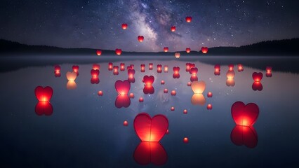 Floating lanterns illuminate a calm lake under a starlit night sky creating a peaceful scene