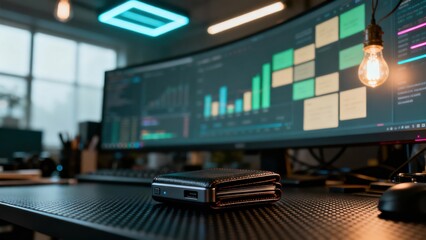 Modern office workspace with data analytics on multiple screens and a sleek wallet on the desk.