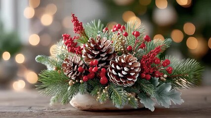 Warm Festive Pinecone Berry Holly Table Arrangement