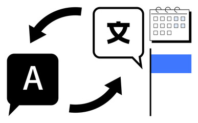 Speech bubbles with letters and characters connected by arrows, a calendar, and a flag. Ideal for communication, translation, globalization, language learning, project planning, scheduling