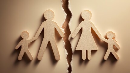 Family separation concept for legal services marketing, divorce counseling communication and social support campaigns. Torn paper silhouette delivers strong commercial relevance for law firms, custody