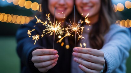 Two hands holding sparklers with bokeh lights firework