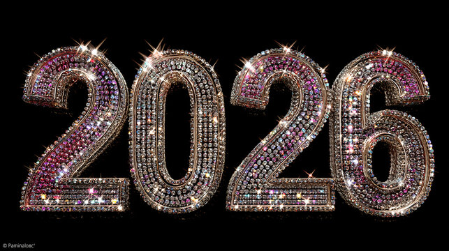 Sparkling &ldquo;2026&rdquo; numbers made of glittering diamonds and crystals on a black background. Luxurious New Year celebration concept.