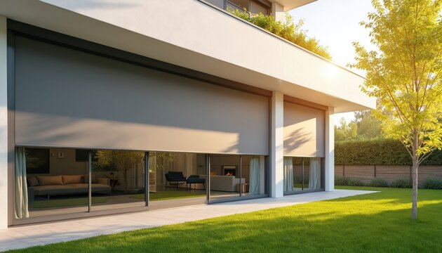 Modern house features large windows with grey roller blinds covering them. Sun shines brightly on the green lawn and tree outside the building. Blinds offer privacy and sun protection.