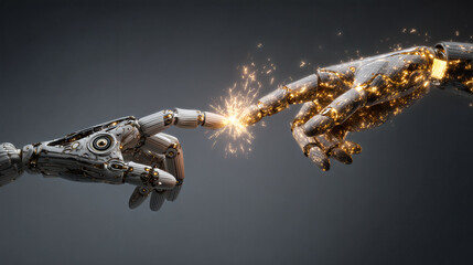 Human and robotic hands reaching toward each other with sparks, artificial intelligence, human technology connection and future innovation concept.