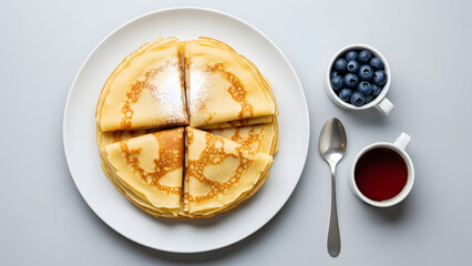 Delicious homemade crepes with fresh blueberries and sweet syrup for breakfast.