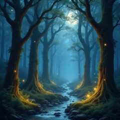 Enchanted Forest with Glowing Lights and Mystical Stream.