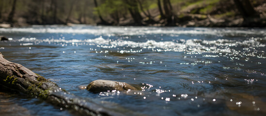 Serene River Flowing Over Rocks and Logs