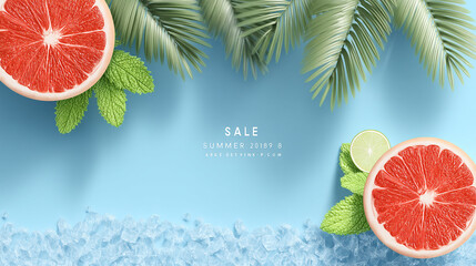 Summer Sale Banner with Grapefruit and Palm Leaves