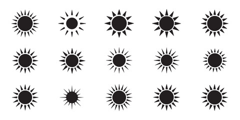 Set of sun icons in black, various styles of solar symbols, ideal for weather apps and summer designs
