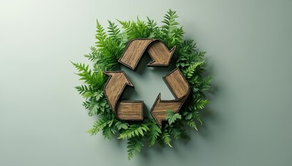 Fototapeta premium Recycle symbol made of wood and green leaves. Symbolizes eco friendly process, nature, green energy and conservation. Use for environment, sustainability and nature themes. Use for earth day content.