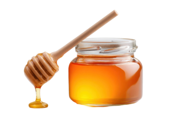 Glass jar of golden honey with wooden dipper isolated on white background, showcasing natural sweetness and culinary delight for various uses. Isolated on transparent background