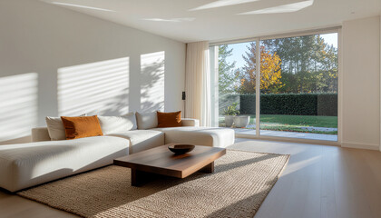contemporary living room with sleek coffee table and diagonal natural light