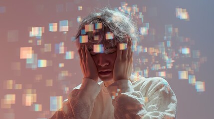 Stress, digital overload, mental-health pressure and emotional fatigue form the commercial theme. An Asian teenager holds his head among digital glitch elements, representing anxiety, burnout and tech