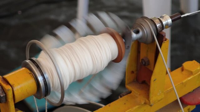 A small winding machine spins raw cotton from cotton flowers.