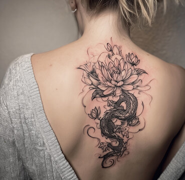 r&uuml;cken tattoo, nacken, schlange, drachen, hals, chinesisch, tierkreiszeichen, frau, jung, t&auml;towiert, tattoo, 