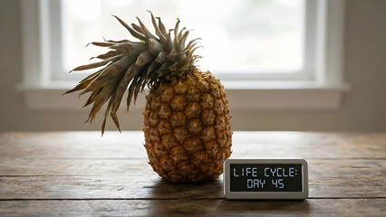 Fresh ripe pineapple with digital countdown timer on rustic wooden table