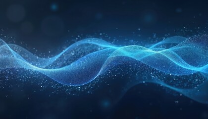Blue glowing digital data waves flow in particle pattern. Futuristic cyberspace energy stream. Abstract network grid visualization. Modern tech communication system.