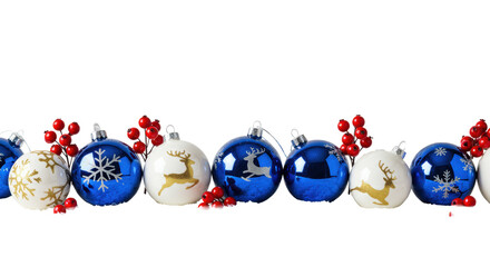 Panoramic macro row of elegant sapphire blue and white christmas baubles and red hypericum berries on soft, granular snow, against a transparent studio background. Luxury holiday concept