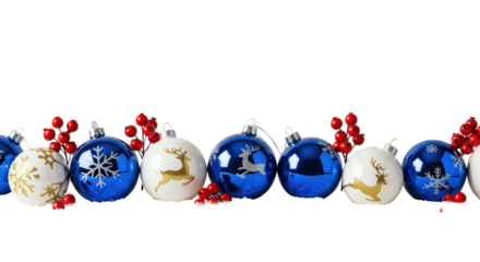 Panoramic macro row of elegant sapphire blue and white christmas baubles and red hypericum berries on soft, granular snow, against a transparent studio background. Luxury holiday concept