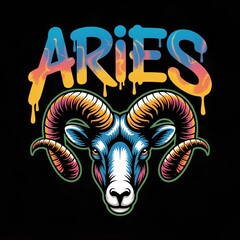 Illustration of the head of the zodiac sign Aries. On a black background.