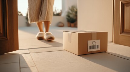 Delivery logistics, home shipping, parcel arrival and e-commerce fulfillment form the dominant commercial message. A cardboard package sits at the doorstep, emphasizing distribution workflow, customer