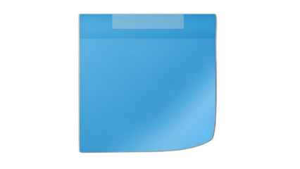 Blank blue sticky note with transparent tape accent on a solid for reminders on transparent background