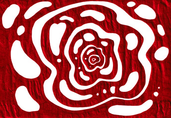 Abstract background of chaotic spots and lines of rounded shape. Spots, closed wavy stripes of white color. Background of texture of wavy crumpled paper. White, shades of red. Different shapes, sizes