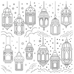 Fototapeta premium Black and White Islamic Hanging Lantern Line Art with Geometric Patterns Stars and Decorative Flourish Elements