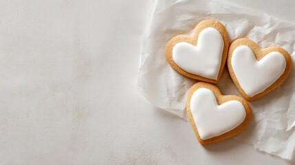 Obraz premium A minimalist arrangement of three heart shaped cookies decorated with icing placed neatly on parchment paper Soft shadows