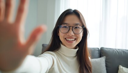 Young Asian woman with glasses smiles and waves at camera. She is filming a video or taking a selfie at home. Casual indoor lifestyle setting, bright natural light.