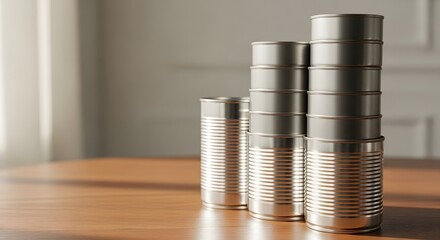 Shiny metal canned food stacked high on a wooden table in sunlight for emergency preparedness concept and long-term storage