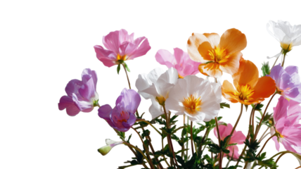 Vibrant bouquet of colorful spring flowers with pink, orange, white, and purple petals arranged in a lush cluster on white background
