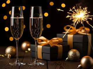 Two champagne glasses with sparklers and gifts on a wooden table for a festive celebration
