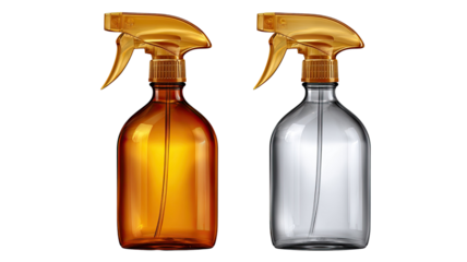 Amber and clear plastic spray bottles with golden trigger nozzles shown in detailed close-up isolated on white background
