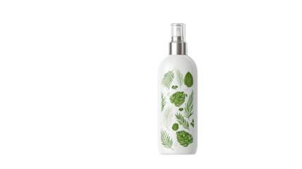 White cosmetic spray bottle with silver cap and green botanical leaf design standing upright on black background for natural beauty products