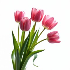 Obraz premium Five pink tulips with green stems and leaves stand against a clean white background. These beautiful spring blossoms offer a fresh, natural look, perfect for floral designs or celebrating holidays.