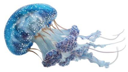 Vibrant translucent jellyfish floating with delicate tentacles showing detailed marine texture and graceful underwater form isolated on white background
