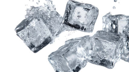 Clear frozen ice cubes with glossy surface reflections arranged in cold refreshing block formation for chilling beverages isolated on white background