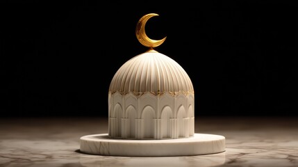 A pristine white mosque dome miniature placed on stone surface with crescent finial glistening under soft studio lighting