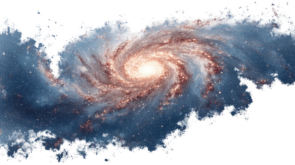 Bright spiral galaxy with glowing core and swirling cosmic star field forming detailed deep space nebula structure isolated on white background