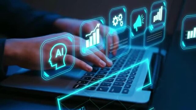 A person is typing on a laptop with glowing AI and data analysis icons overlaid. The image suggests the use of technology for data analysis and artificial intelligence.